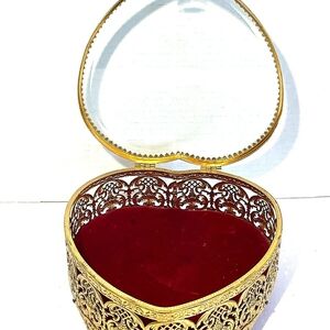 Heart-Shaped Gold Brass Filigree Jewelry Box with Red Velvet Lining